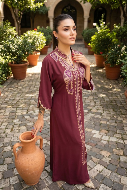 Kaftán maxi ruha, viszkóz, StarFashion, hímzéssel és háromnegyedes ujjal, bordó, M