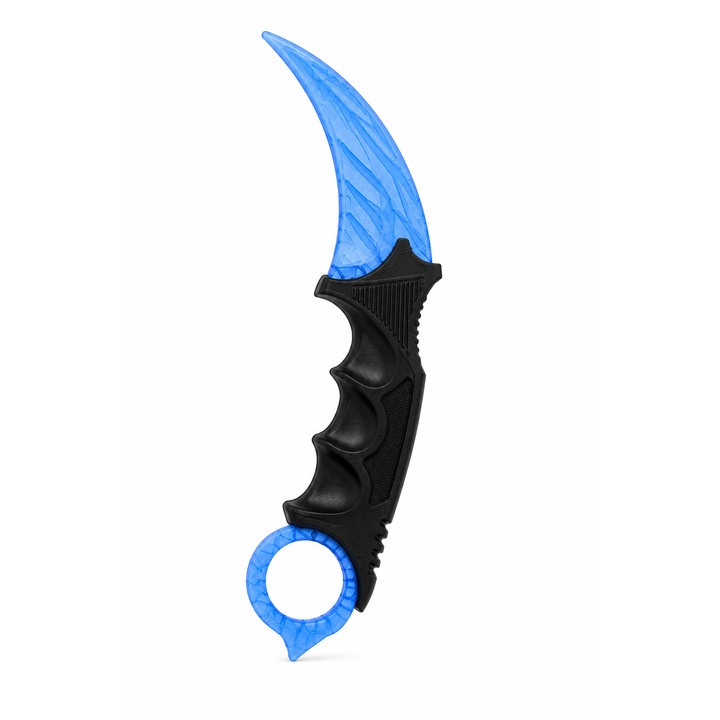Cutit Karambit decorativ, printat 3D, albastru transparent, maner ergonomic negru, recuzita cosplay, colectie, cadou