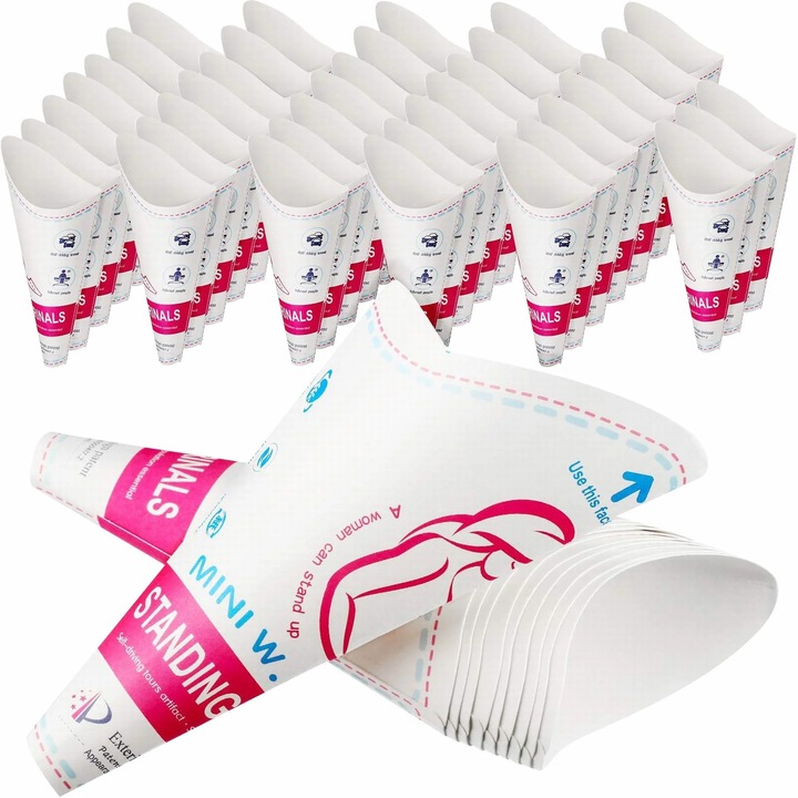 Set 50 dispozitive feminine urinat, portabil, de unica folosinta, alb/roz, 15.5x6.2x23cm