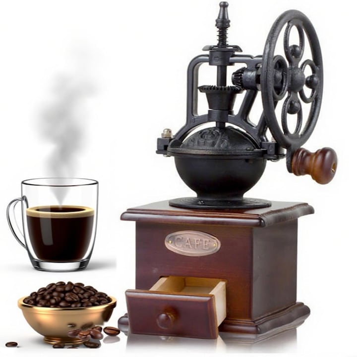 Rasnita Cafea Manuala Vintage Retro, Reglaj Grosime Macinare, Lemn si Metal, aprox. 27x13 cm, Sertar Colectare Cafea Macinata, pentru Espresso, Cafea Filtru si Presa Franceza, Decor Bucatarie, Cafenea, Cadou
