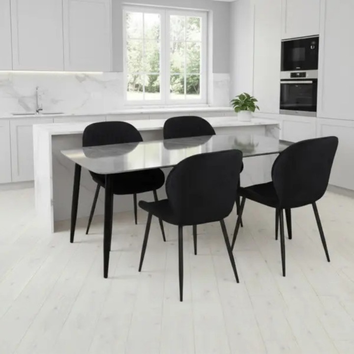 Set Masa Fixa Bucatarie / Dining Atlas Marble Gri ARTA TABLE 137.5 x 77.5 cm cu 4 Scaune Opal Negru, Tapitate Material Textil, Picioare Metalice Negre