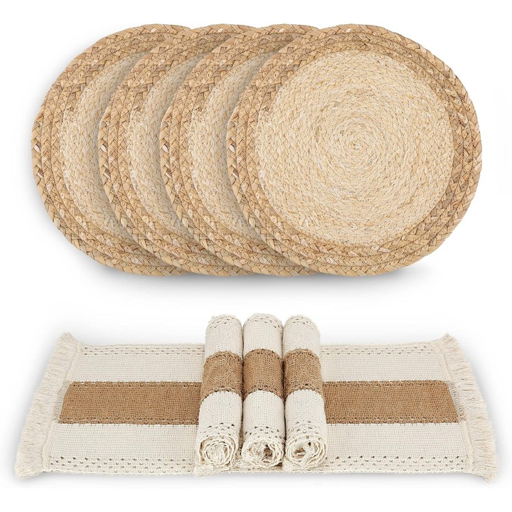 Set 6 servetele naturale rotunde si dreptunghiulare, bumbac in si fibre de dovlecel, 30x30cm si 30x50cm, multicolor