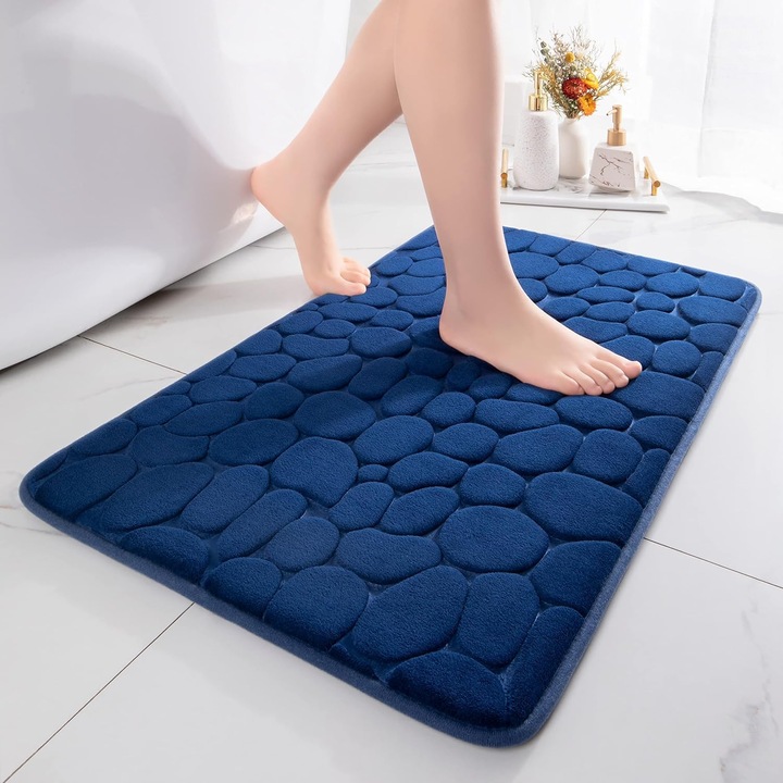 Covoras baie 60x90cm spuma memorie antiderapant albastru inchis