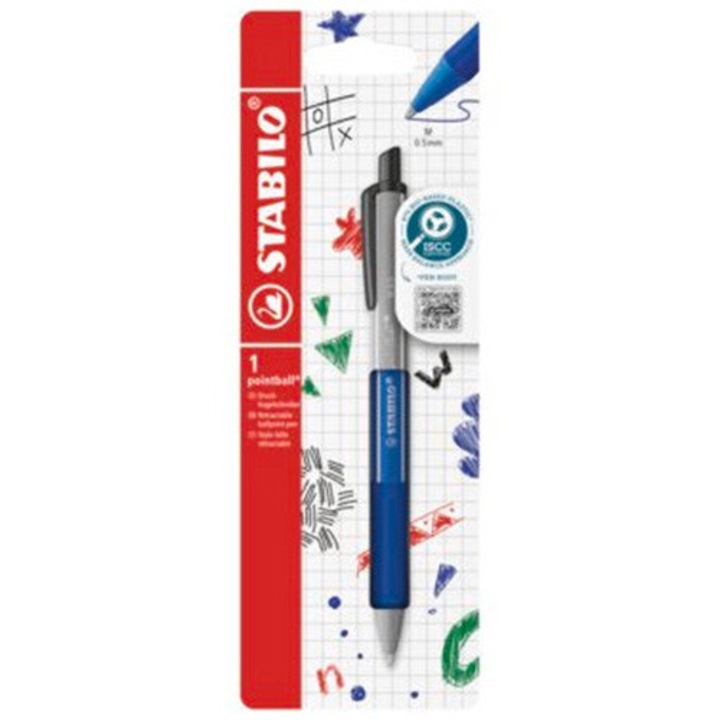 Химикалка с механизъм Stabilo Pointball colorful, 0.5 мм, 87% биоразградима пластмаса, 1 брой/блистер, Син