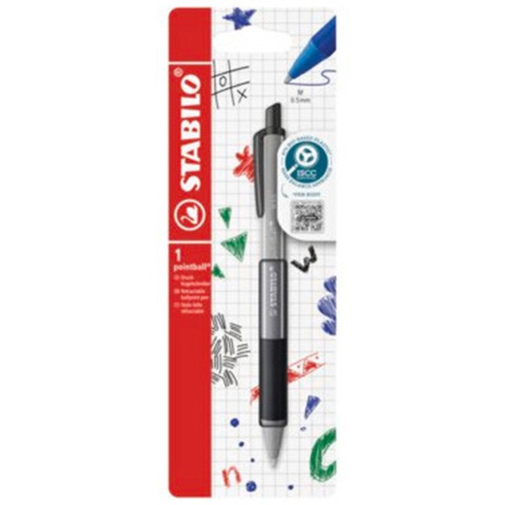 Химикалка с механизъм Stabilo Pointball colorful, 0.5 мм, 87% биоразградима пластмаса, 1 брой/блистер, Черен