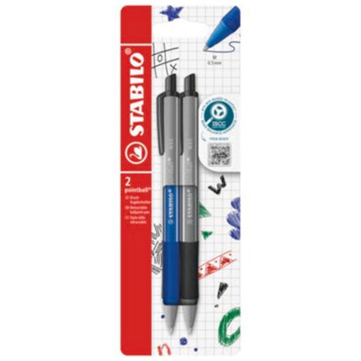 Химикалка с механизъм Stabilo Pointball colorful, 0.5 мм, 87% биоразградима пластмаса, 2 броя/блистер, Син/Черен