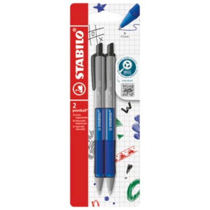 Химикалка с механизъм Stabilo Pointball colorful, 0.5 мм, 87% биоразградима пластмаса, 2 броя/блистер, Син