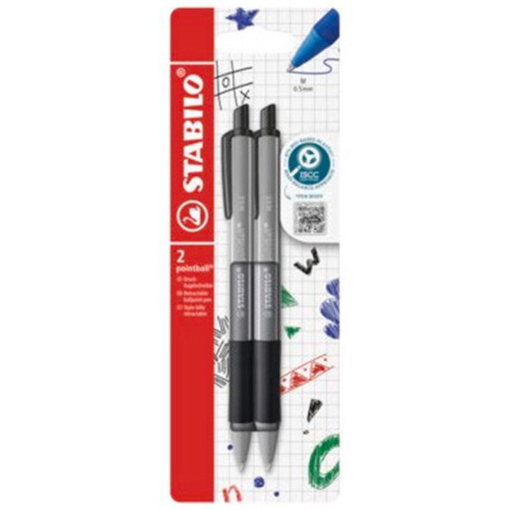 Химикалка с механизъм Stabilo Pointball colorful, 0.5 мм, 87% биоразградима пластмаса, 2 броя/блистер, Черен