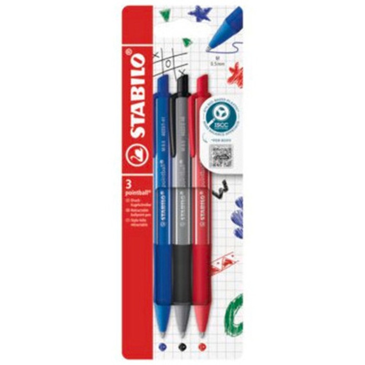 Химикалка с механизъм Stabilo Pointball colorful, 0.5 мм, 87% биоразградима пластмаса, 3 цвята/блистер, Син/Черен/Червен
