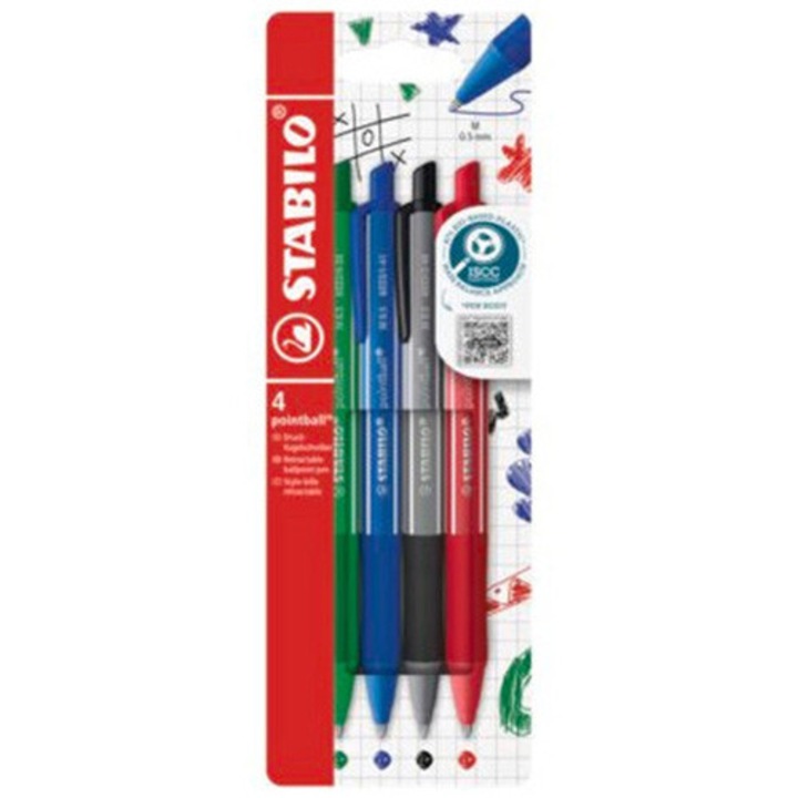 Химикалка с механизъм Stabilo Pointball colorful, 0.5 мм, 87% биоразградима пластмаса, 4 цвята/блистер, Син/Черен/Червен/Зелен