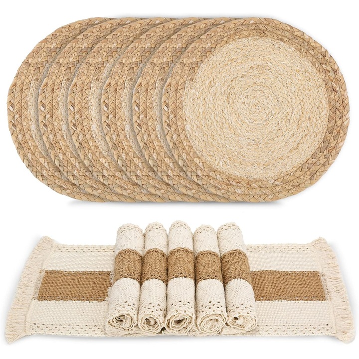 Set 6 servetele masa rotunde si dreptunghiulare, bumbac in si fibre naturale, 30x30cm si 30x50cm, multicolor