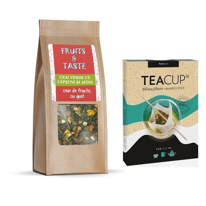 Pronat Teacsomag – Zöld tea eperrel és áfonyával + TEACUP Finum Teaszűrő készlet (60 filter + bambusz)
