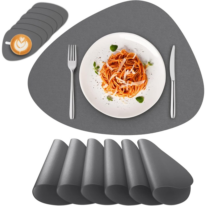 Set 6 servetele ovale lavabile, gri, 41.5x31cm, cu suporturi