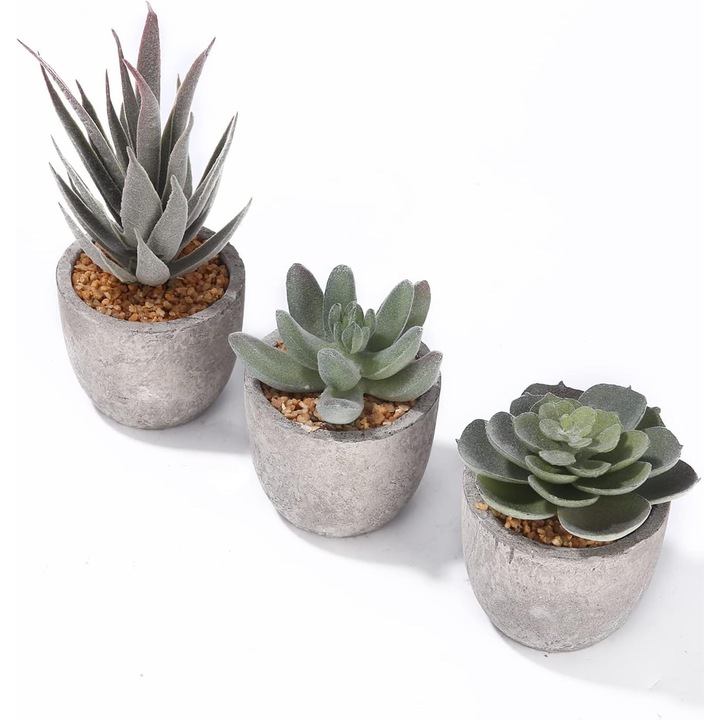 Set 3 plante artificiale suculente, ghivece gri, 7.3x8.5x14cm, verde