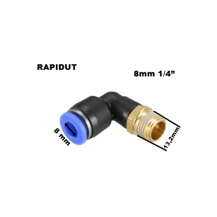 Cuplaj/conector rapid pneumatic, RAPIDUT, Mufa rapida L 8 mm, filet exterior 1/4”, Plastic-Alama, Negru/Albastru