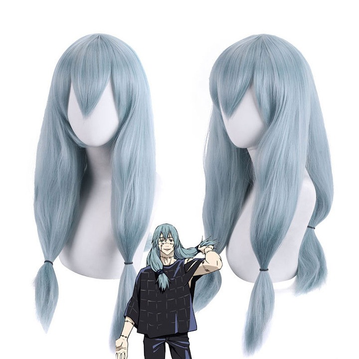 Peruca cosplay Mahito Jujutsu Kaisen, albastru deschis, lunga cu doua impletituri