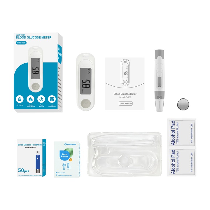 Glucometru complet HH-XT02 cu ecran LCD alb-negru 10x5cm