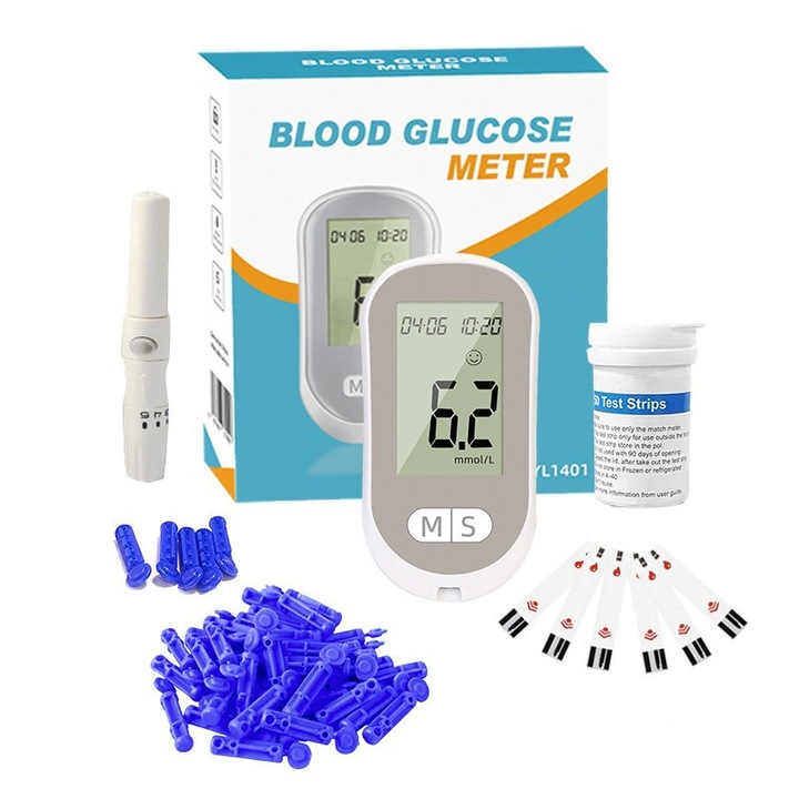 Glucometru complet kit, portabil, ecran LCD, alb
