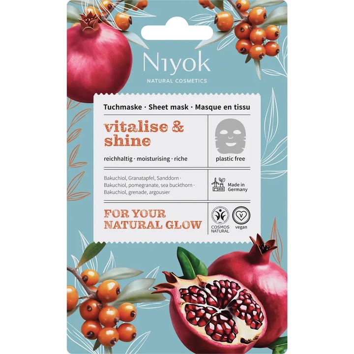 Masca textila nutritiva de fata cu Bakuchiol, Rodie si Catina, Niyok, 10 ml