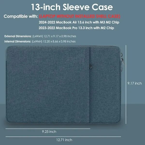 Husa pentru laptop 13–13,6 inch IZO-CJ-K0502-20260803-1652, canvas rezistent la apa, interior din suede, buzunar exterior, albastru inchis, 32.3 x 23.3 x 2.5 cm, compatibil MacBook Air/Pro 13