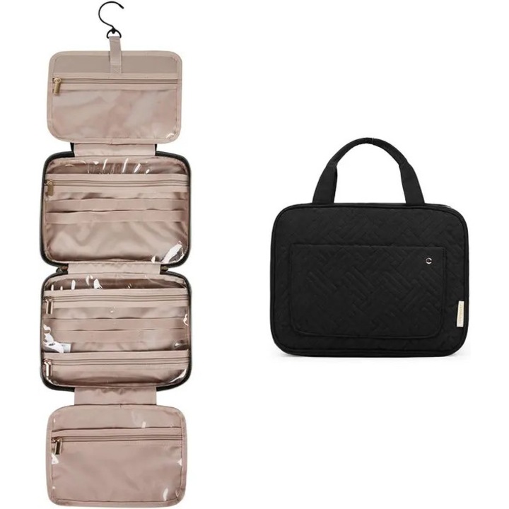 Geanta cosmetica suspendabila, negru, 27.9x18.8x7.6cm, compartimente multiple, material impermeabil