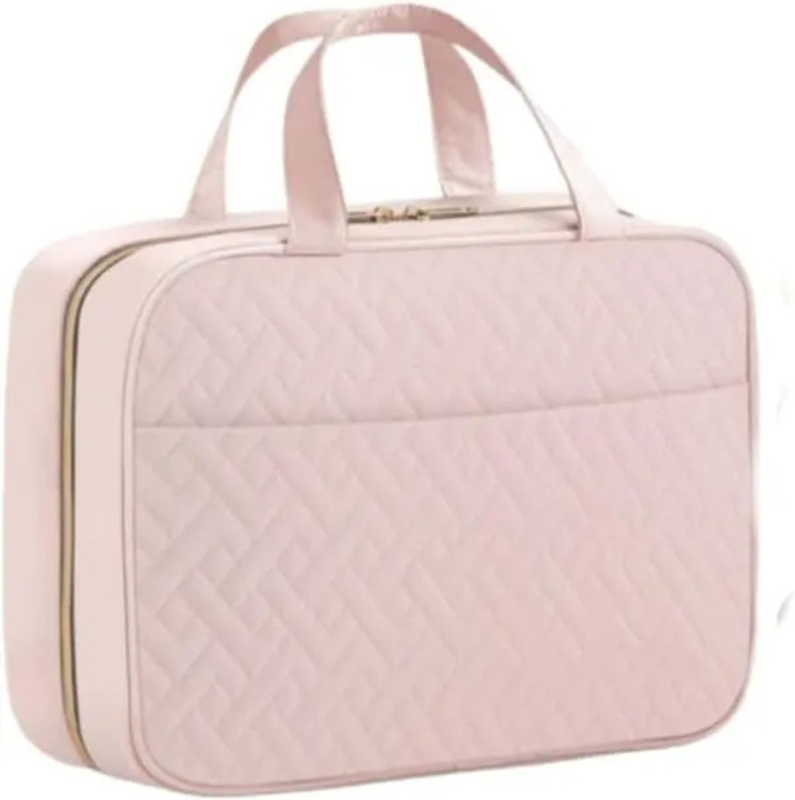Geanta cosmetica compacta roz, 27.9x18.8x7.6 cm, compartimentata, cu fereastra transparenta si carlig de agatat