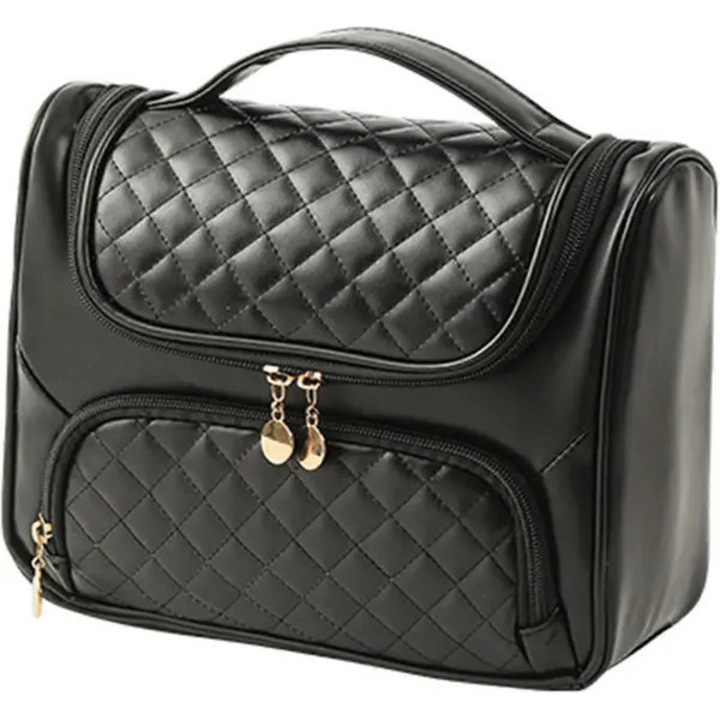 Geanta cosmetica portabila, piele PU, capacitate mare, negru, 25x11.5x20cm