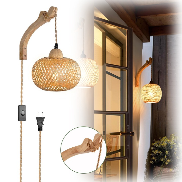 Aplica De Perete, Lampa De Perete Din Ratan Tesut Manual, Aplice Rustice In Stil Ferma, Cu Bec E27, Priza Si Intrerupator, Pentru Hol, Bucatarie, Sufragerie, Dormitor Si Sufragerie