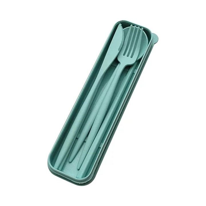 Set tacamuri portabile ZYBLSSBB LSM2xh121-BCS0183110-2, 4 piese (lingura, furculita, cutit, betisoare) din plastic, verde menta, in husa, lingura 18 cm