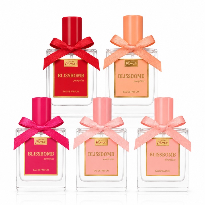 5 x 15 ml-es Deluxe Moré Blissbomb Collection női parfüm szett, Peonybliss, Berrybliss, Bloombliss, Cherrybliss és Fruitbliss, SENTIO®
