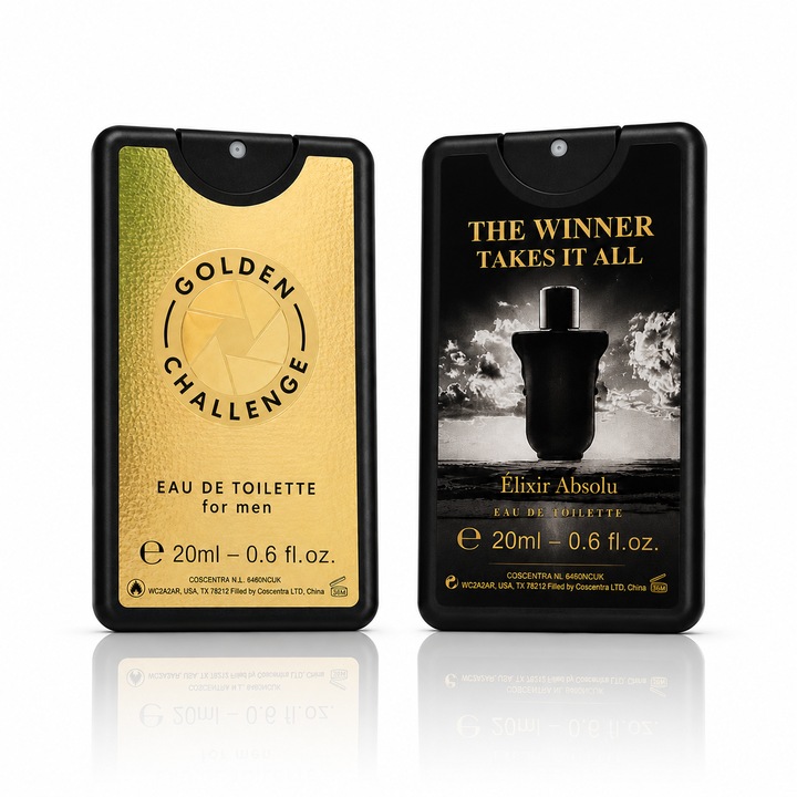 2 x 20 ml-es férfi Eau de Toilette szett, Golden Challenge & The Winner Takes It All Élixir Absolu, Card Pocket Perfume, OMERTA®