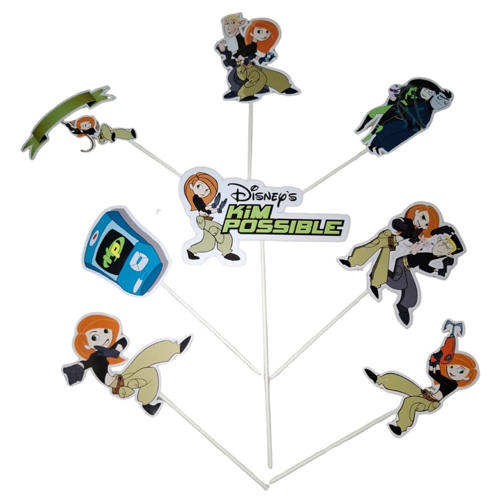 Decoratiune topper tort carton, tematica Kim Possible, aniversare - 8 piese