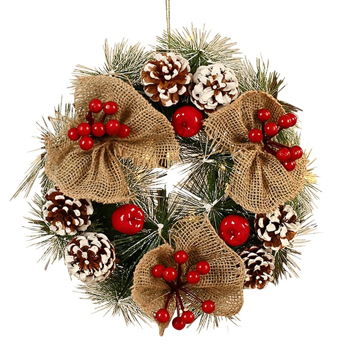 Coronita Craciun, conuri si bile rosii, ace de pin, 30cm, rosu