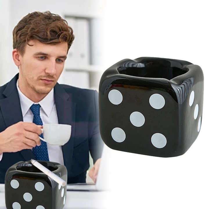 Scrumiera ceramica Retro Dice, decor vintage, negru, 2.88x19.9cm