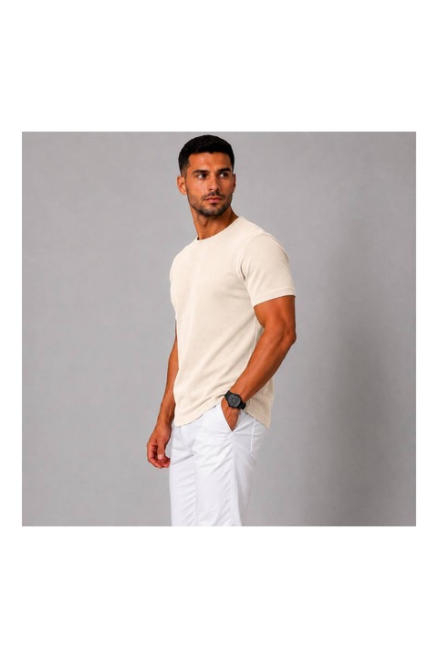 Férfi Slim Fit Póló Piké Pamut Kerek Nyakú Ekru, Ekrü
