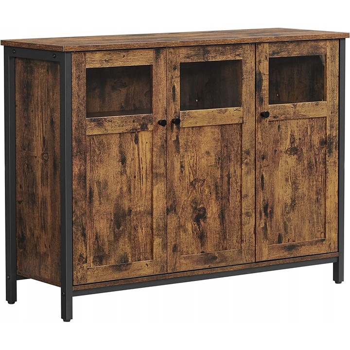 Comoda Songmics 100x35x75cm maro rustica cu 3 usi sticla