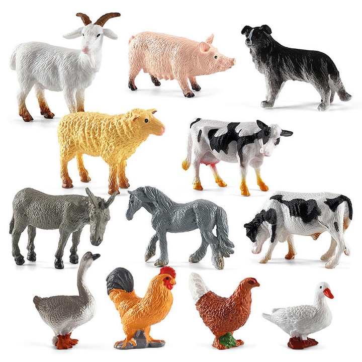 Un set de 12 figurine de animale, modele realiste de animale de ferma, realizate din PVC, educative si distractive, perfecte pentru decorarea torturilor, oua de Paste, zile de nastere, Craciun si alte ocazii