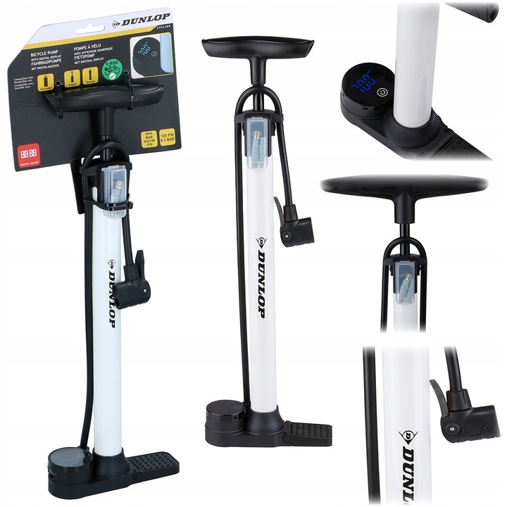 Kerékpár padlópumpa digitális LCD nyomásmérővel, Dunlop, Professzionális, 16x5.2x46cm 120 PSI 8.3 BAR, Fekete-fehér, Fém Műanyag, Kerékpárokhoz Rollerekhez Labdákhoz, Presta Schrader kompatibilis fej, Összecsukható talp, Kompakt és Nagyon Pontos