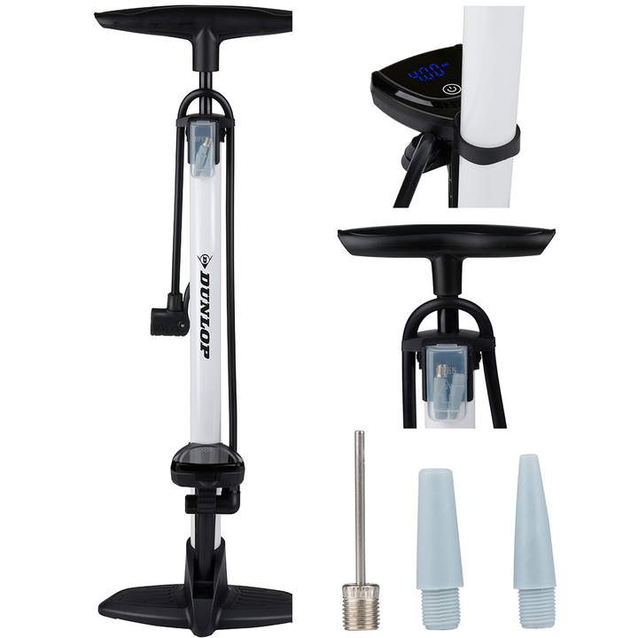 Dunlop Professzionális Kerékpár Padlópumpa Digitális LCD Manométerrel, 23x12x63cm 120 PSI 8.3 BAR, Fekete-Fehér, Fém és Tömör Műanyag, Kerékpárokhoz, Rollerekhez, Autókhoz, Labdákhoz, Presta Schrader Dunlop Kompatibilis Szelepfej, Stabil Talp