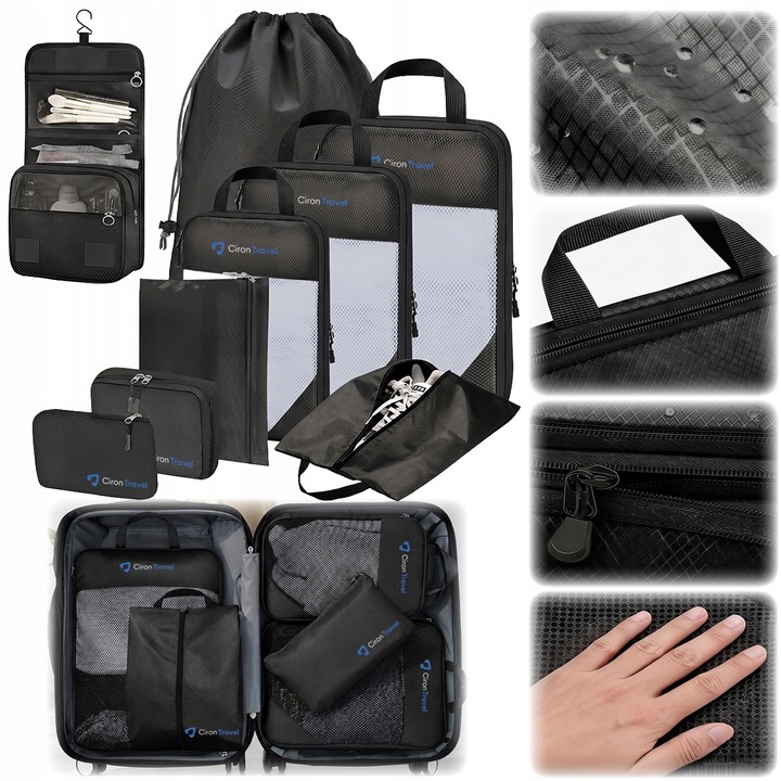 Set Organizatoare Compresie Pentru Bagaj, Ciron Travel, 9 Piese, Diferite Marimi, Negru Gri, Material Textil Respirabil, Pentru Valiza Rucsac Calatorii, Geanta Cosmetice Incaltaminte, Economisire Spatiu 60 La Suta, Impermeabil Lavabil