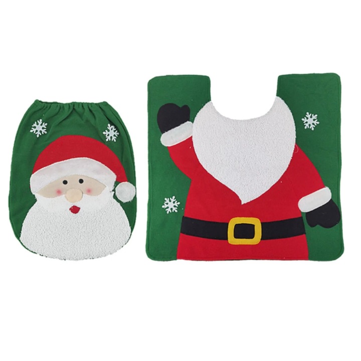 Set accesorii baie Craciun, capac WC si covoras, multicolor