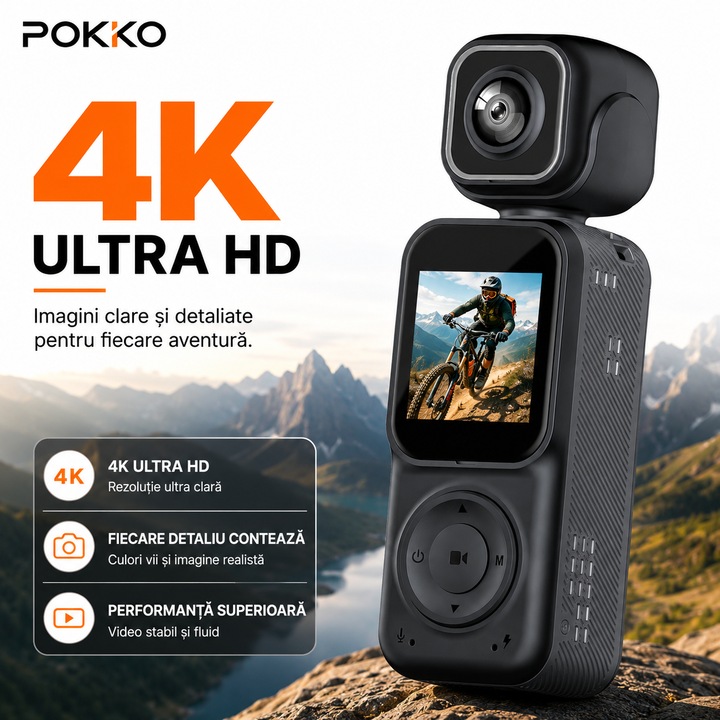 Camera Video Sport Corporala POKKO Q3, Bodycam 4K Ultra HD, Dual Lens Fata-Spate, Wi-Fi, Ecran IPS 1.5”, Baterie 2000mAh, Card TF pana la 128GB, accesorii incluse, Negru