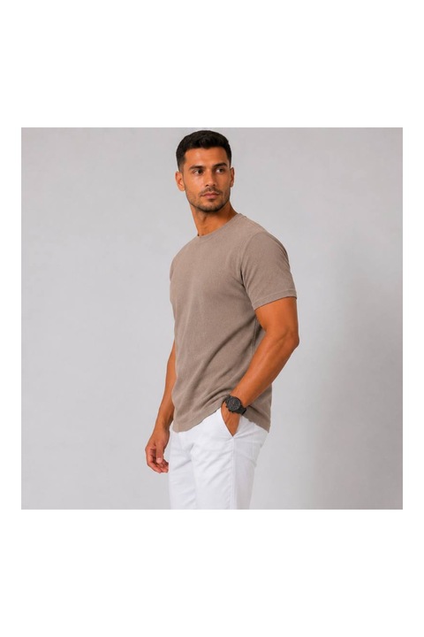 Férfi Slim Fit Póló Piké Pamut Kerek Nyakú Bézs, Bézs