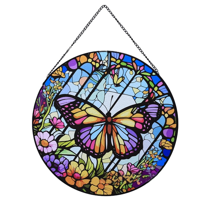 Ornament suspendat din sticla (vitraliu) ZYBLSSBB LSM2xh01-BCS7009784, fluture multicolor, cu lant, O 19.9 cm
