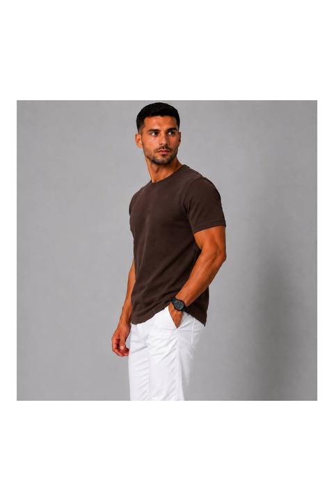 Férfi Slim Fit Póló Piké Pamut Kerek Nyakú Barna, Barna