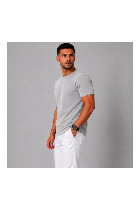 Férfi Slim Fit Póló Piké Pamut Kerek Nyakú Szürke, Szürke