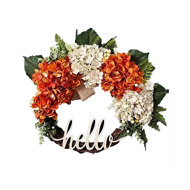 Corona de toamna pentru usa, hortensie portocaliu-rosu, 46cm, handmade