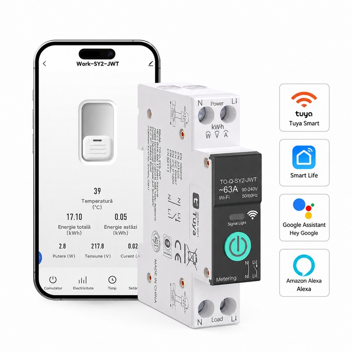 Siguranta Smart WiFi, Reglabila 1-63A, Monitorizare Consum Energie, Protectie Supra si Subtensiune, Programare inteligenta, Control prin Aplicatie Tuya/Smart Life, Control Vocal