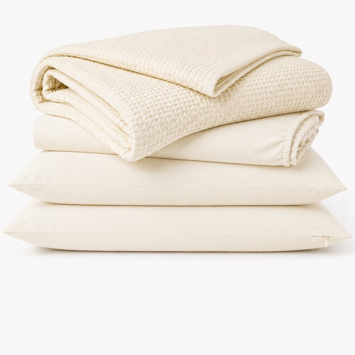 Set lenjerie de vara cu cuvertura pike, 100% bumbac, cearceaf elastic 160x200 cm, 2 fete perna 50x70 cm, 4 piese, Crem