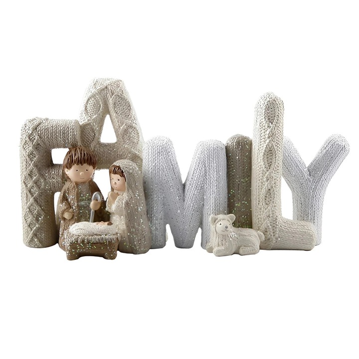 Decoratiune de masa ZYBLSSBB LSM2xh01-BCS7011150, set litere "FAMILY" din rasina cu figurina de Craciun, bej/alb, aprox. 27 x 14 x 8.5 cm